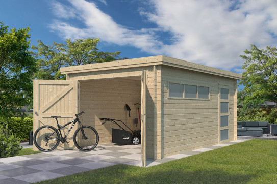 Garage bois madrier 28 MM et toit plat avec bac acier